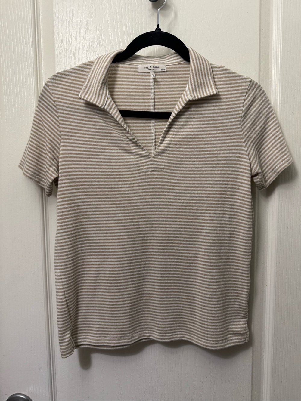 rag & bone Beige and White Striped Polo-Style Short Sleeve Tee